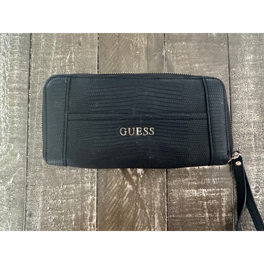 Guess Huntley Large Zip Around Wallet Black Lizard‎ Embossed Faux Leather